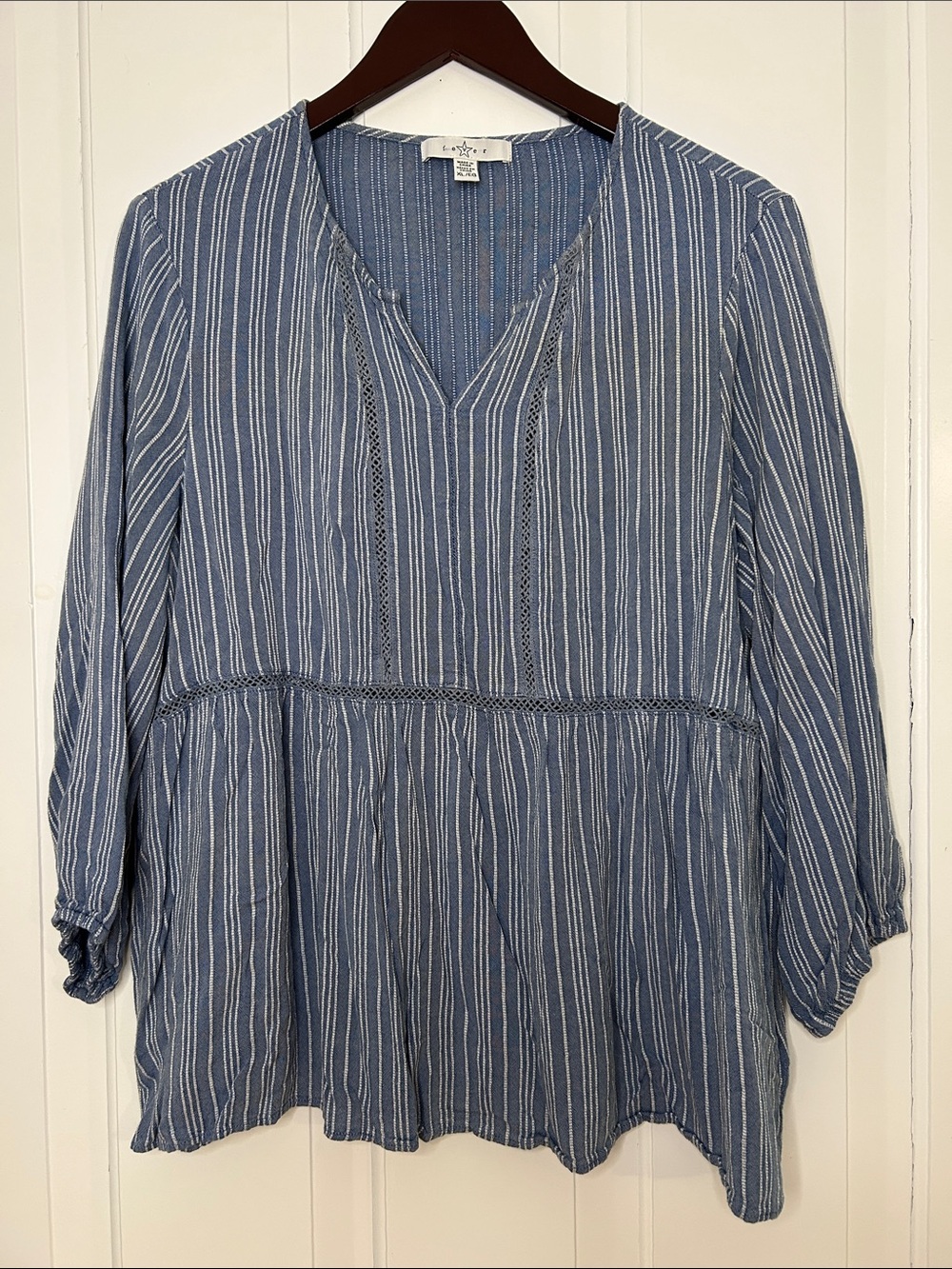 Fever Blue & White Striped V-Neck embroidered cutout peplum Tunic
